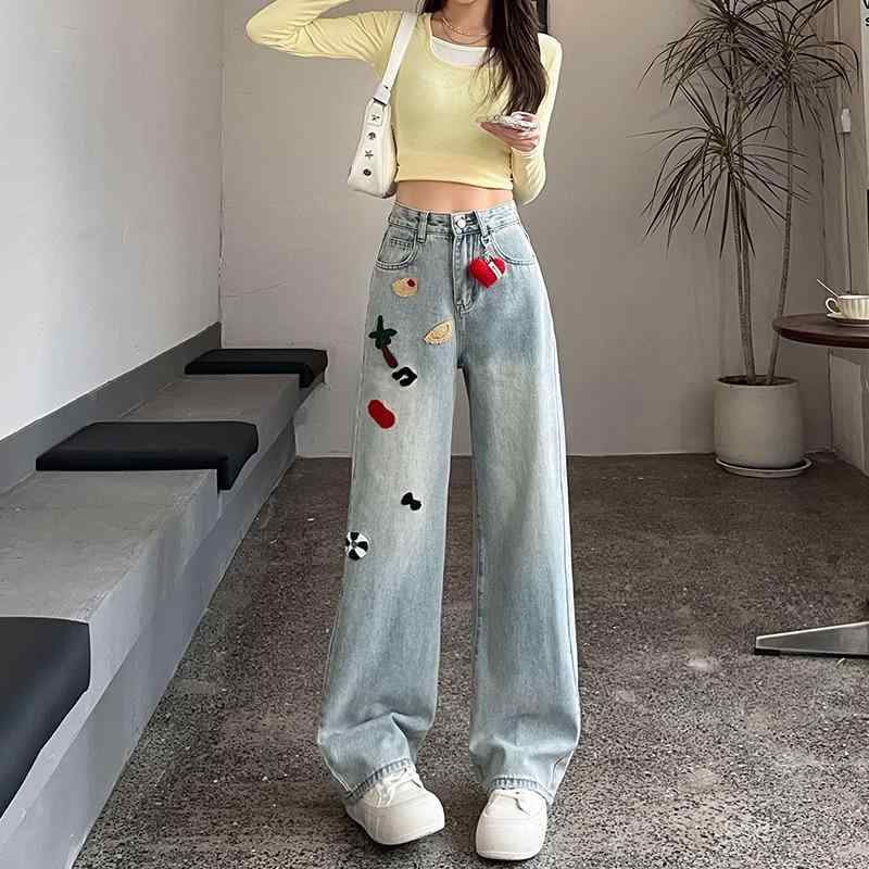 デニムパンツ レディース ハイウエスト ワイドレッグ ストレート 春秋 フリースライニング 落ち感 刺繍 小柄向け ライトカラー カジュアル 普段使い 伸縮性 デニム素材