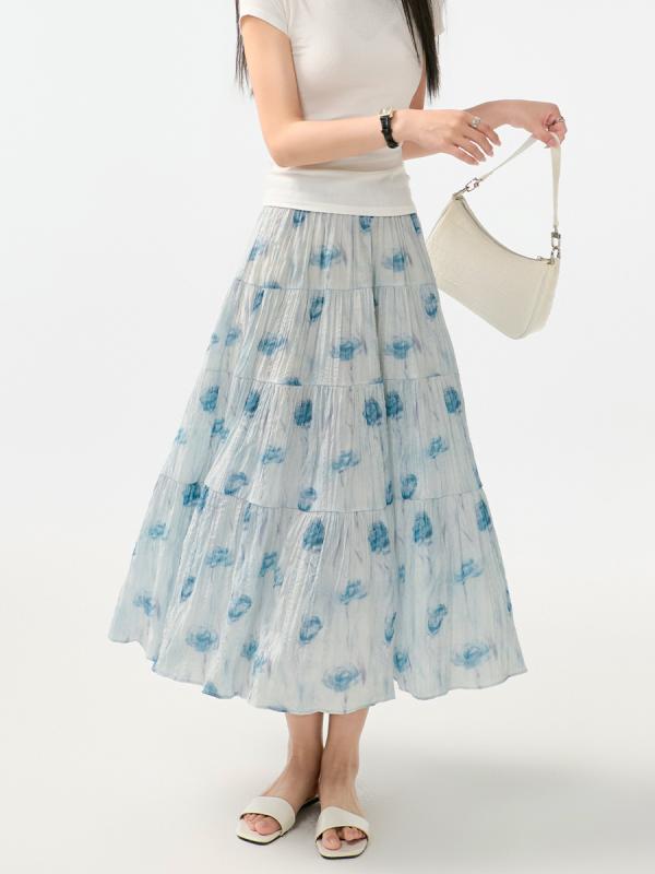 スカート レディース aライン 膝丈 小花柄 ゴム ウエスト フレンチ スタイル ロマンチック 夏用 おしゃれ ヤング 万能 コーディネート 普段使い 軽量 綿 素材 通勤 適合
