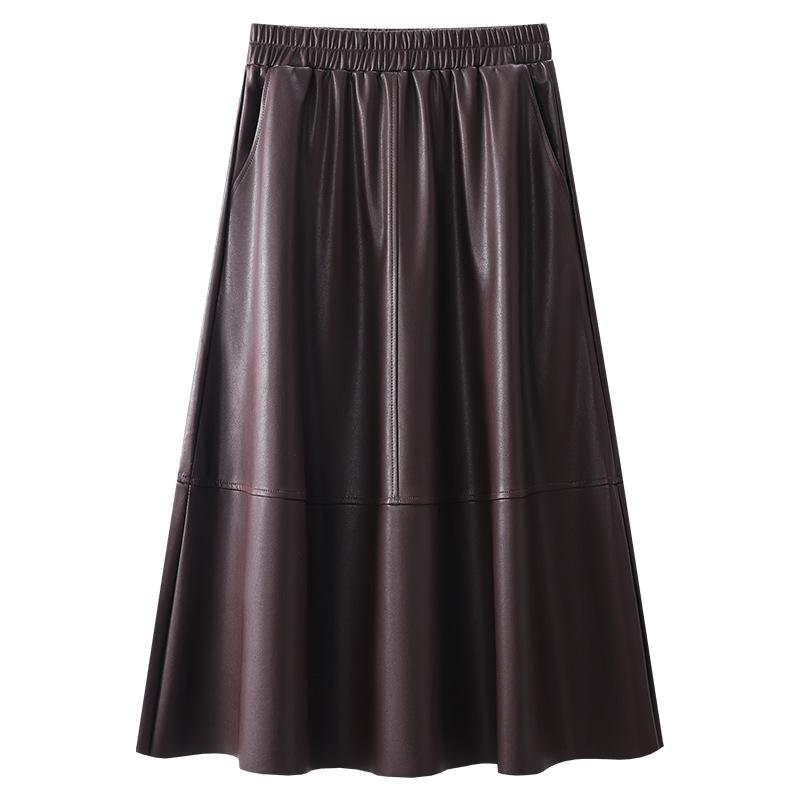 スカート 女性用 ハイウエスト Aライン 合成皮革 ロング丈 フレア 上品 秋冬 カジュアル スタイリッシュ 軽量 伸縮性