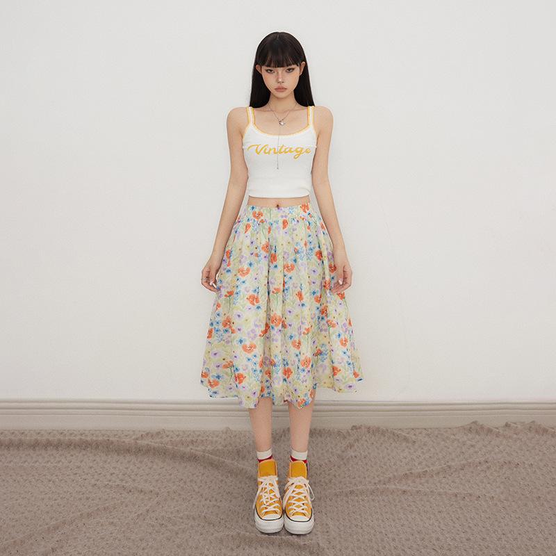 スカート レトロ ハイウエスト 小花柄 Aライン プリーツ ミディ丈 夏用 カジュアル 普段使い 爽やか 軽量 コーディネート フレア 花柄