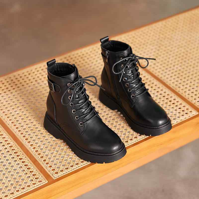 レディース 秋冬 厚底 ショートブーツ 7cm 内蔵増高 起毛 綿素材 ブリティッシュスタイル 小柄対応 暖か 保温 スタイリッシュ 普段使い アンクル丈 軽量|KOKORONE