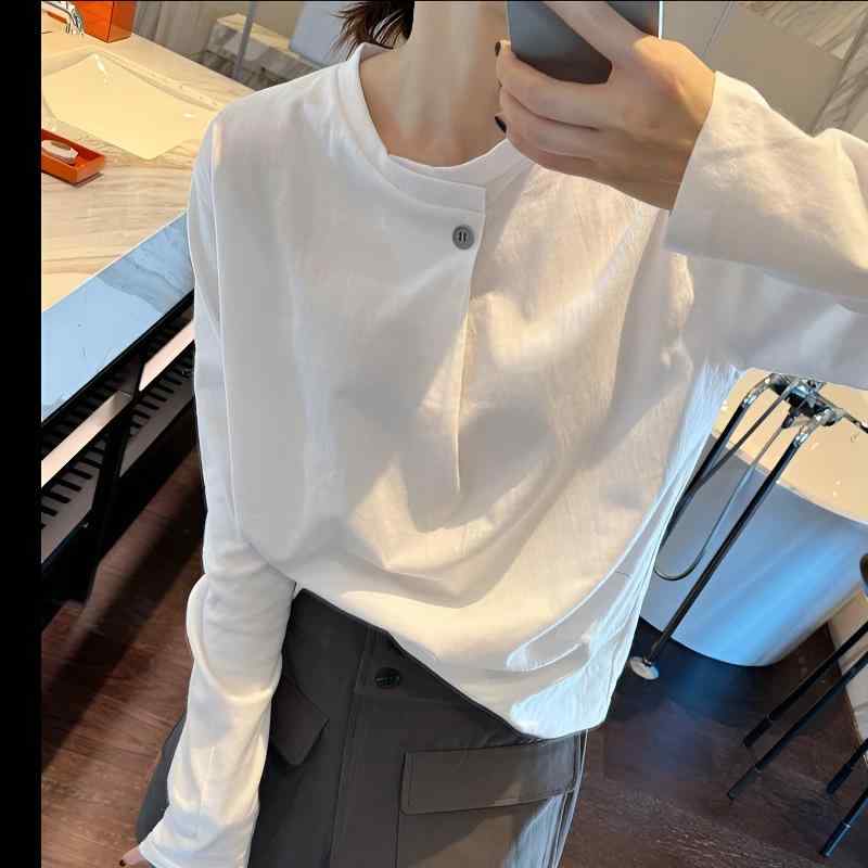 Tシャツ レディース 春夏 綿素材 長袖 一粒ボタン ホワイト ゆったり シンプル インナー トップス 普段使い 軽量 伸縮性