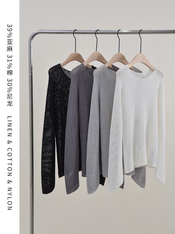 ニットトップス レディース 春夏 ボートネック ゆったり 透かし編み フィット ベーシック シャツ 伸縮性 軽量 普段使い