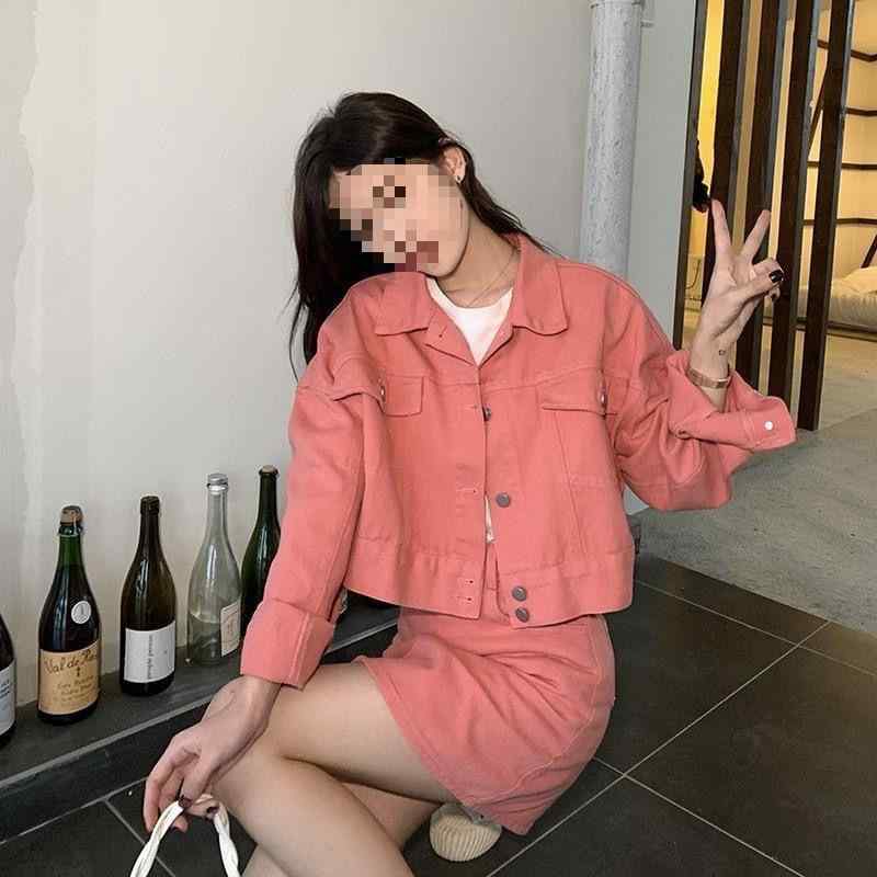 レディース ピンク デニム ジャケット スカート セット 春 ゆったり 小柄対応 ショート丈 ハイウエスト Aライン ミディスカート カジュアル 普段使い 軽量 ストレッチ