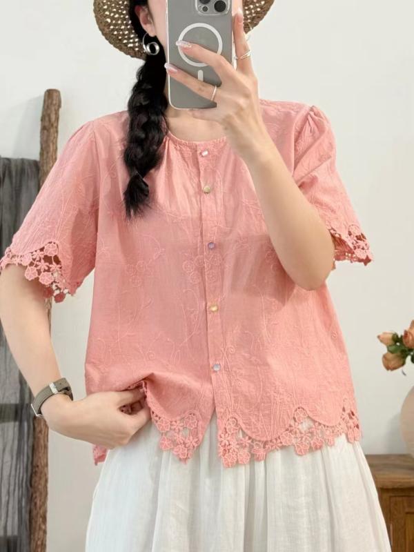 カーディガン レディース 夏用 短袖 綿麻 素材 丸首 繊細 刺繍 ゆったり シルエット 爽やか 風 スタイル 通気性 軽量 カジュアル 普段使い かわいい トップス