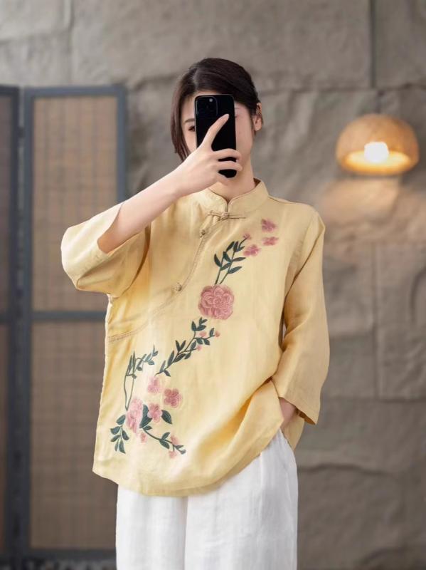 シャツ レディース 中国風 立領 斜め襟 刺繍 盤ボタン レトロ 禅意 春夏 カジュアル エスニック トップス ブラウス 上品 高級感 通勤 デート 普段使い