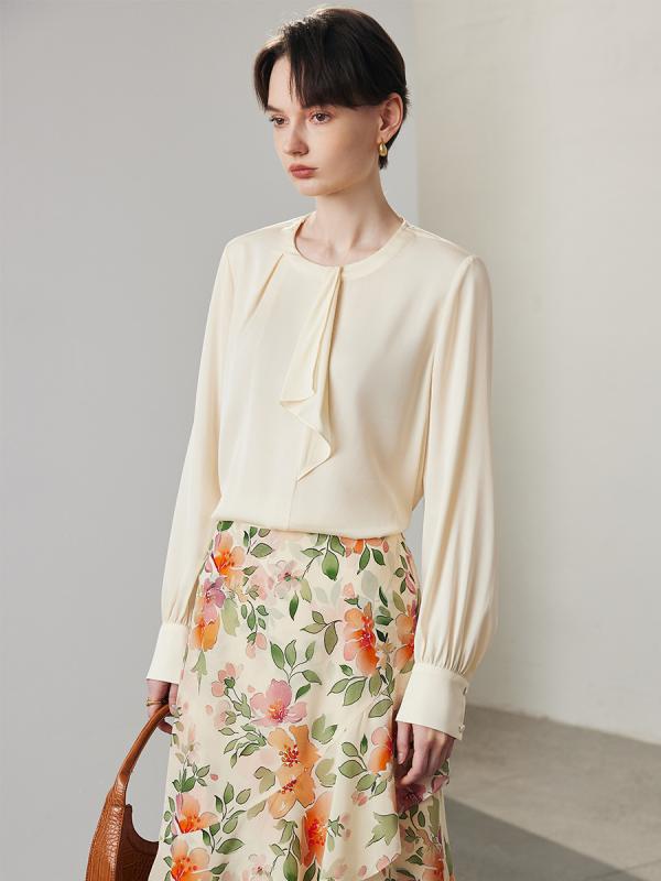 レディース シャツ 無地 シルク 春夏 リボン 丸首 通勤用 長袖 伸縮性 上品 滑らか 素材 オフィス コーデ トップス