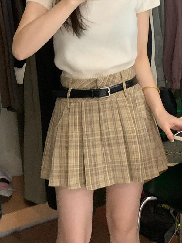プリーツスカート 秋 ハイウエスト チェック柄 Aライン ミニ 学院風 カジュアル 学生スタイル フレア 普段使い|KOKORONE