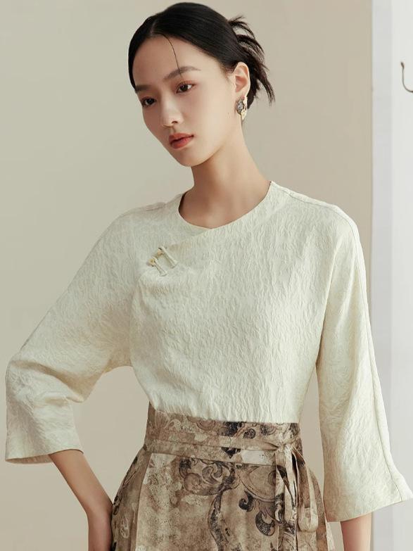 春夏 レディース 中華風 絹 魅惑的 暗紋 提花 盤扣 ブラウス インナー トップス 軽やか 織り込み エレガント シルエット 通勤 普段使い