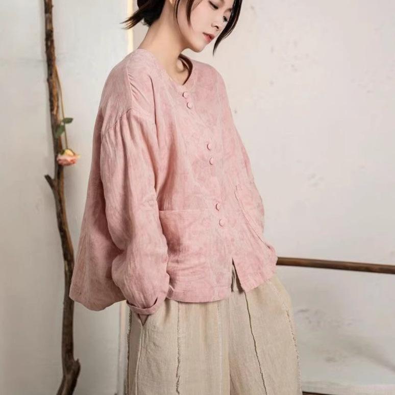 レディース 春 綿麻 織り込み 丸首 シャツ 快適 カジュアル スタイリッシュ 百搭 トップス 軽量 吸湿速乾 日常使い 部屋着 デイリーウェア|KOKORONE