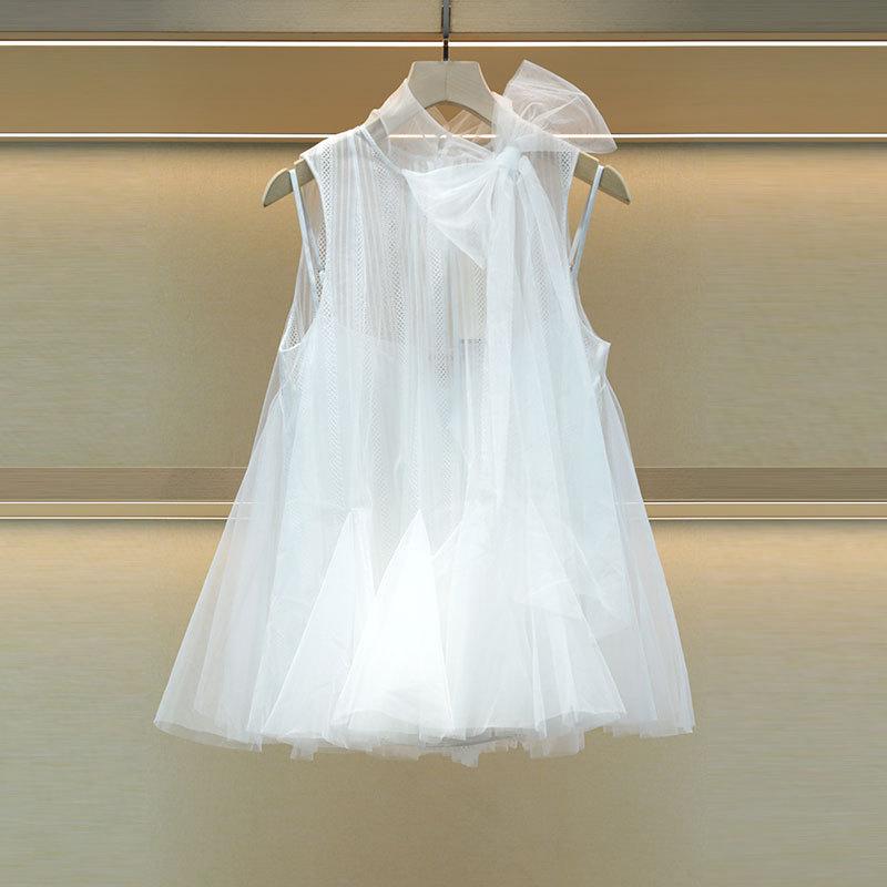 レディース 春夏 ノースリーブ 立襟 レース チュール ブラウス 蝶結び 紐 かわいい トップス 軽量 透け感 フェミニン シルク調 素材 甘め
