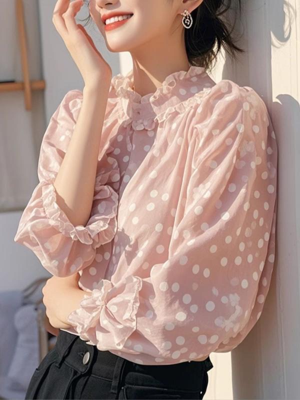ブラウス レディース ピンク ドット 高級感 フレンチスタイル 春 トップス かわいい 軽やか 女性用 シャツ ポルカドット