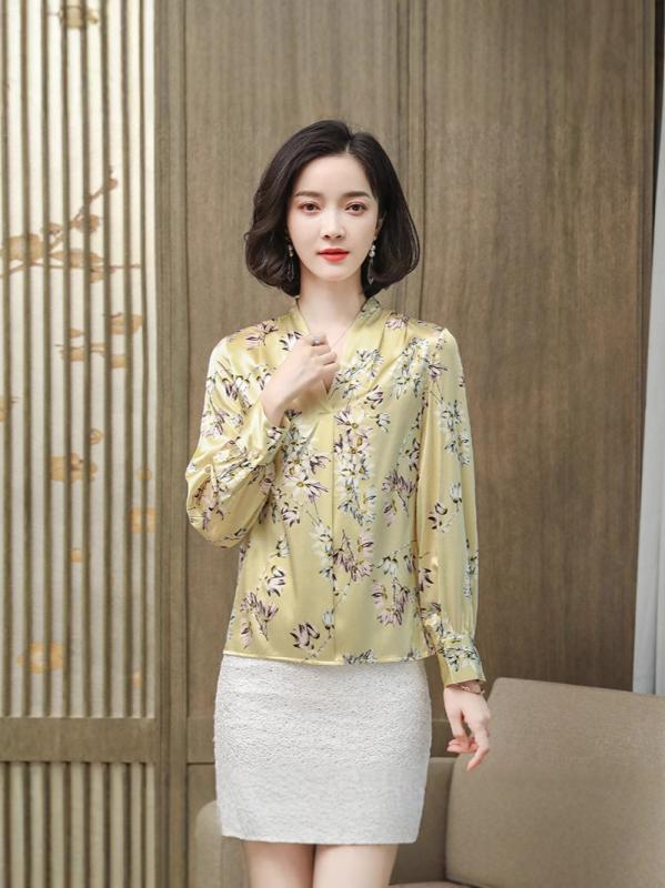 春秋 長袖 Vネック シャツ ゆったり シルク プリント トップス 女性用 ファッション ブラウス 軽量 伸縮性