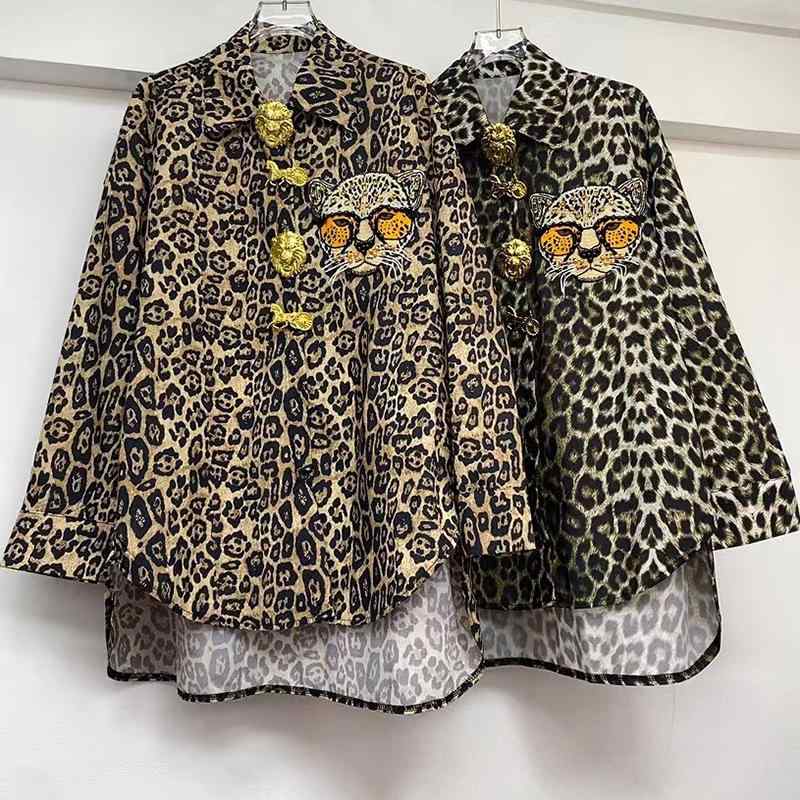レディース ヒョウ柄 ゆったり シャツ アウター 中長丈 秋用 スタッド ビーズ カラージルコニア 装飾 スタイリッシュ フィット トップス