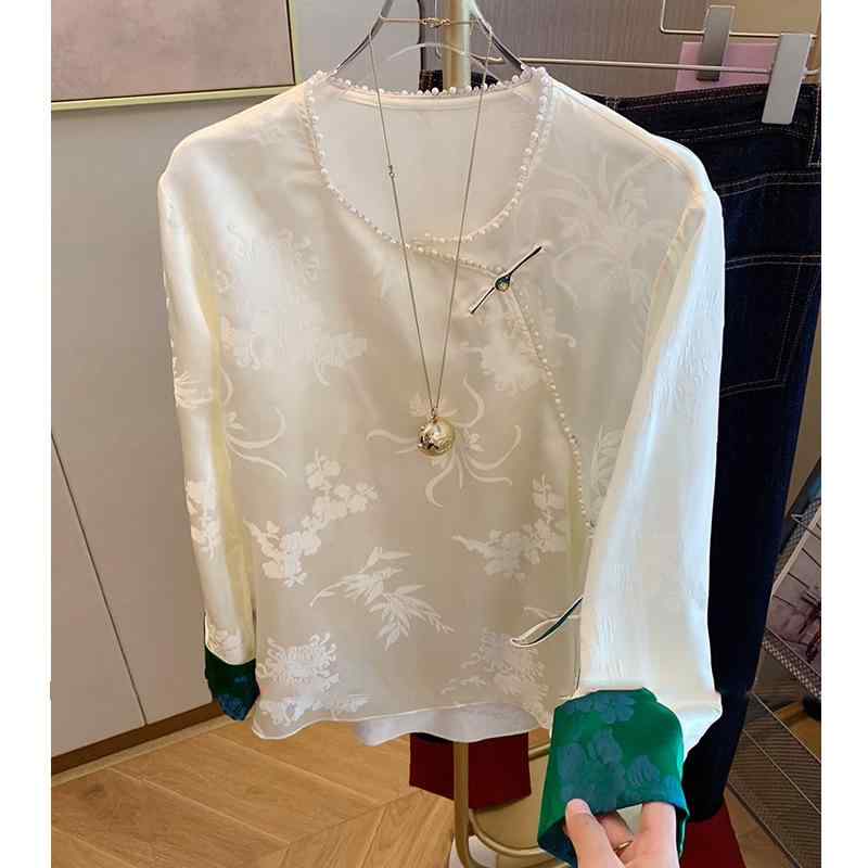 シャツ レディース 春夏 中国風 唐装 サテン 斜め襟 紐付き ビーズ刺繍 上品 エレガント 光沢 トップス 女性らしい 日常使い