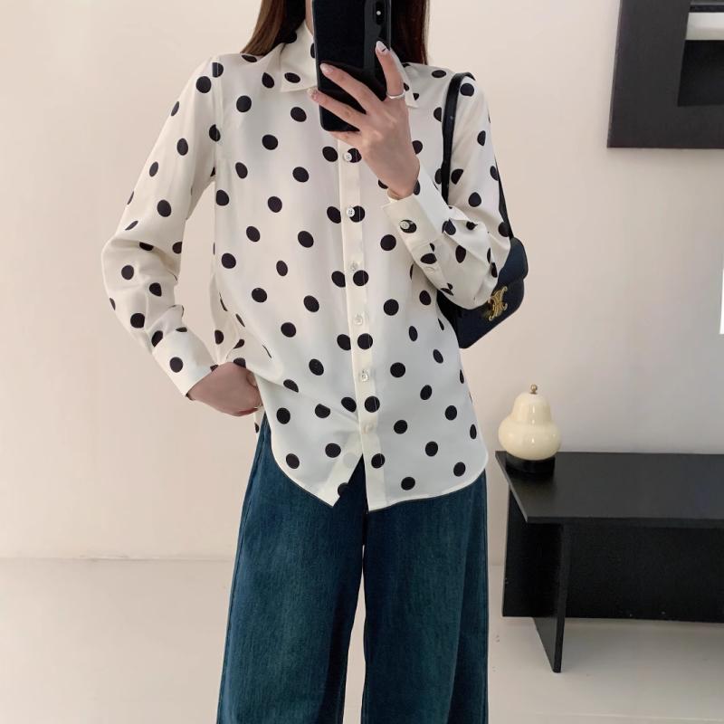 シャツ レディース シルク ツイル ポルカドット柄 高級感 軽量 滑らか ブラウス トップス 女性用 普段使い スタイリッシュ