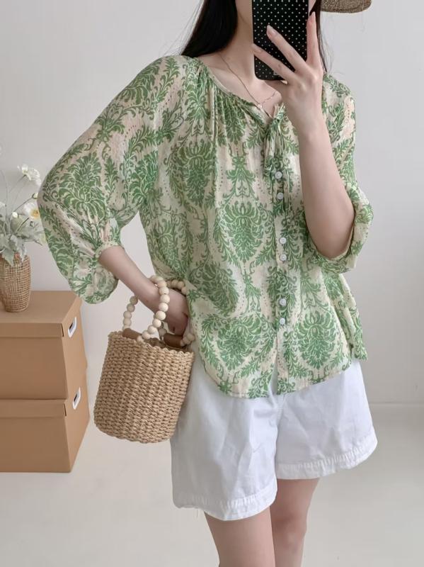 レディース シャツ 春夏 薄手 再生繊維 七分袖 UVカット ラウンドネック ドローストリング 花柄プリント 滑らかな肌触り 軽量 通勤用 アウトドア 吸湿速乾 トップス ブラウス シルクタッチ 接触冷感