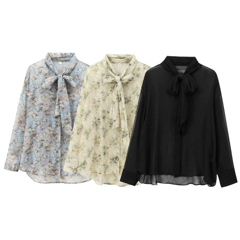 ブラウス レディース 春夏 シフォン ゆったり 花柄 リボン 紐付き カジュアル 軽量 通気性 トップス 普段使い フィット 透け感