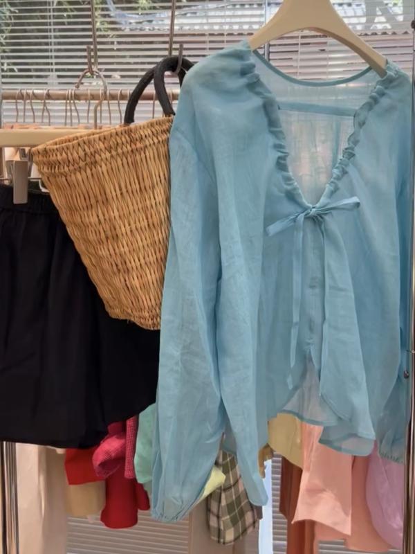 シャツ レディース 夏 ゆったり カジュアル フリル リボン かわいい トップス コーディネート 普段使い 軽量 吸湿速乾