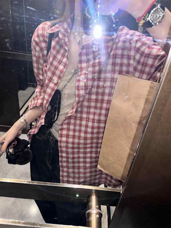 レディース ゆったり シャツ 赤 チェック柄 春夏 UVカット ビンテージ風 ラフエッジ シワ加工 カジュアル トップス コットン調 普段使い 軽量 吸湿速乾