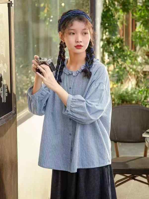 レディース シャツ 春夏 学院風 チェック柄 フリル ゆったり 長袖 コットンリネン ブラウス トップス かわいい フィット カジュアル