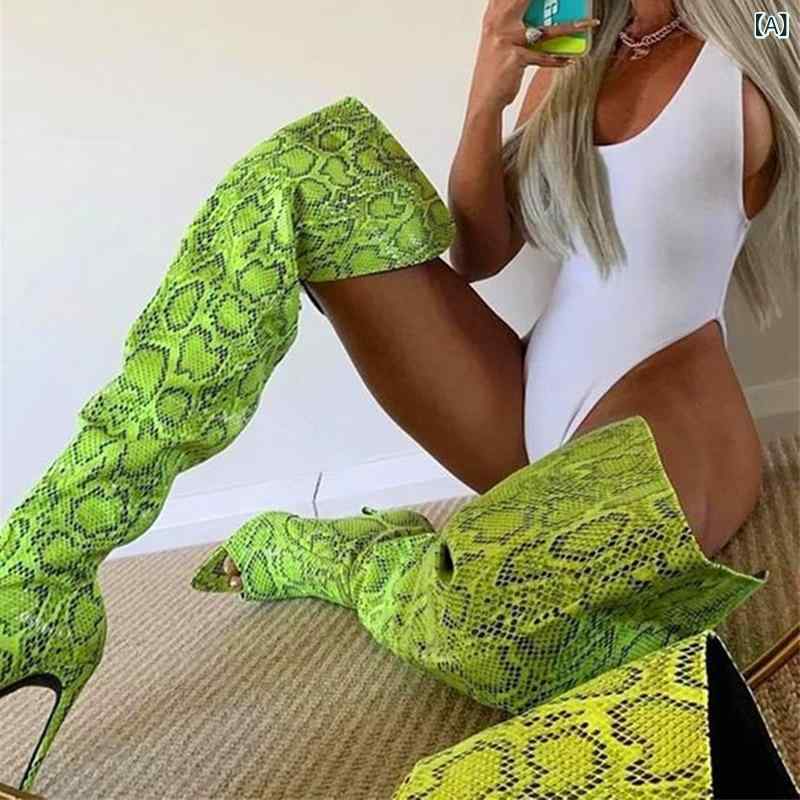 レディース セクシー パイソン柄 オープントゥ オーバーニー ロングブーツ 夏用 ファッション 軽量 伸縮性 吸湿速乾