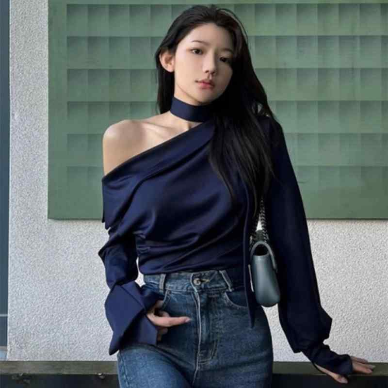 春夏 レディース オフショルダー 長袖 ブラウス 韓国 肩出し トップス 不規則 ヘム ?? アクセント 軽やか 素材 普段使い シルエット