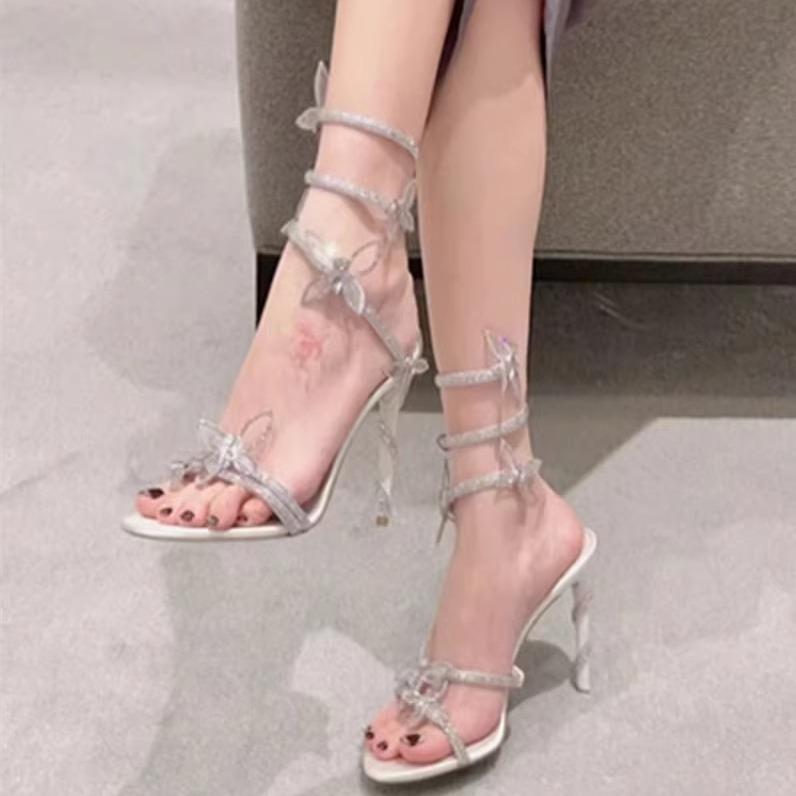 レディース サンダル 白いこと 水晶 蛇楽想 巻きつけ 同盟罷工一巡り 細踵 ハイヒール 夏用 流行り物 軽さ 通気性 亭主もち用 痛いところかっこ良い 砂浜サンダル パンプス-靴