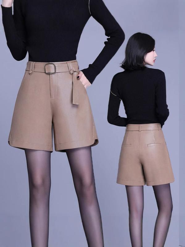 ショートパンツ レディース 革 ハイウエスト ワイドレッグ 春秋 カジュアル 普段使い 合成皮革 伸縮性 快適 コーディネート ボトムス
