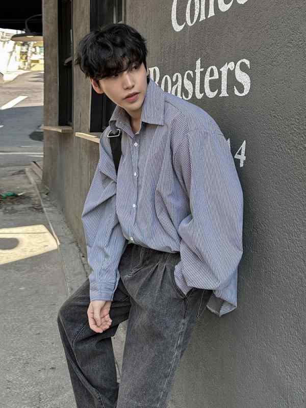 メンズ シャツ ストライプ 長袖 襟付き ゆったり カジュアル 韓国スタイル 定番 トップス 秋服 春服 春秋 羽織り ファッション おしゃれ|KOKORONE