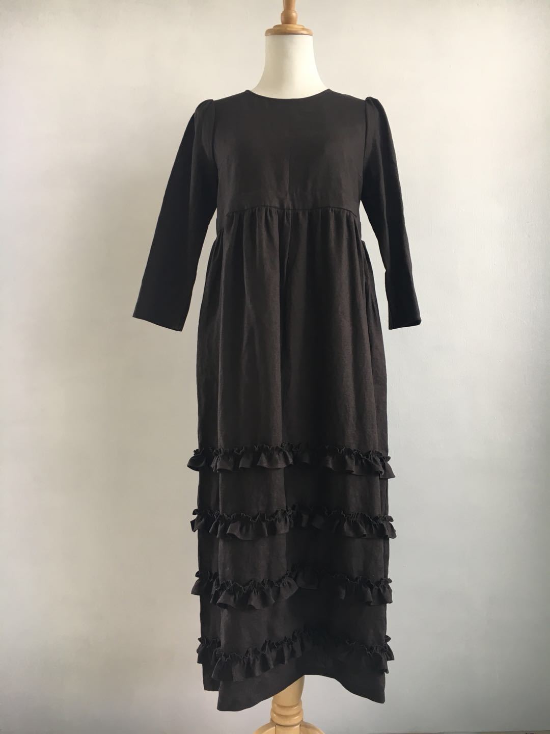 【Bilitis dix-sept ans】 Linen Dress ビリティス・ディセッタン リネン ドレス ワンピース 半袖 フリル Gray Dark Brown 2913-598 KKOKO