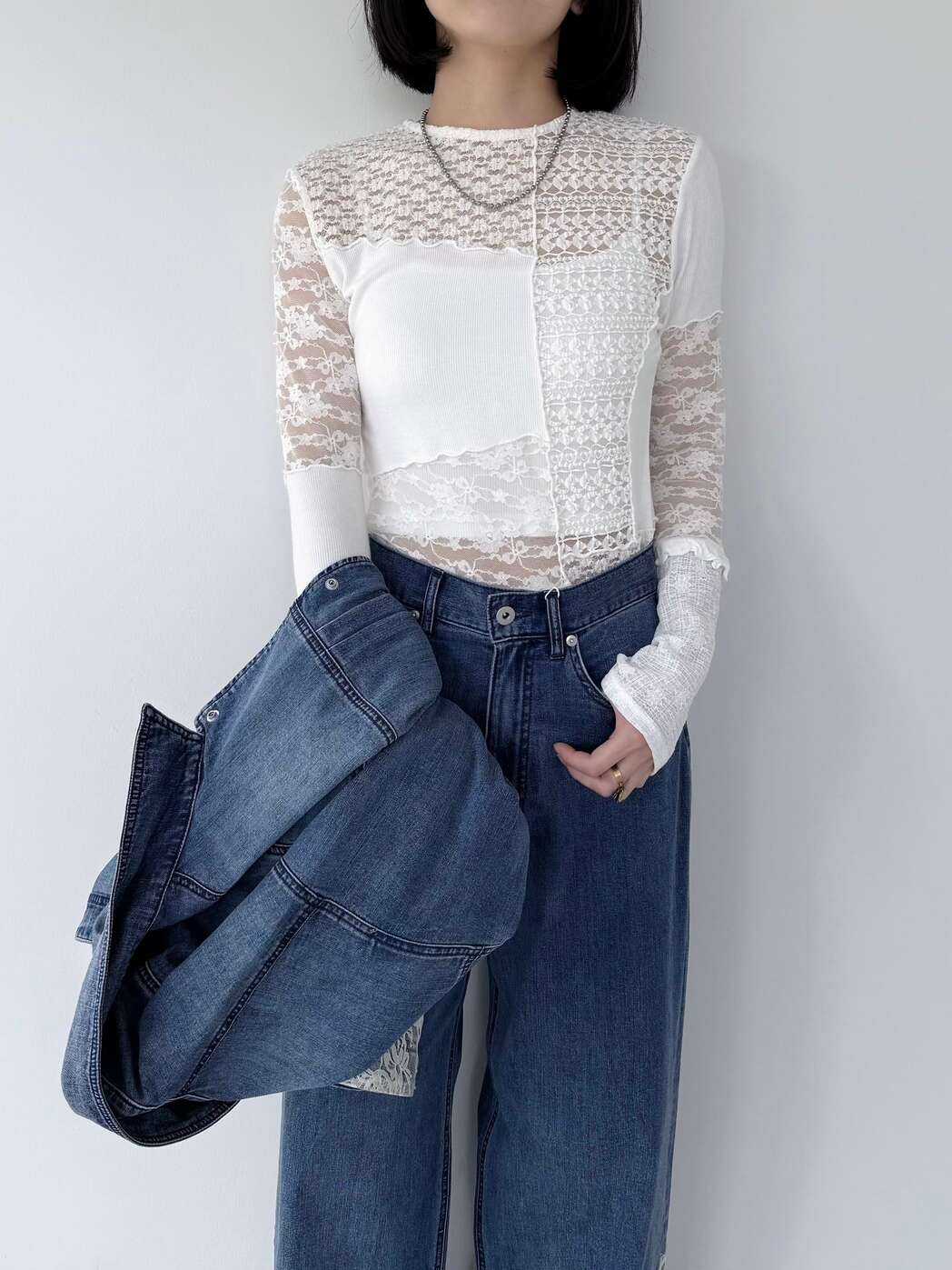 【COEL】 レースパッチワークカットソー コエル 花柄 リボン リブ 素材ミックス インナートップス 透け感 White レーヨン 186105039 KOKO
