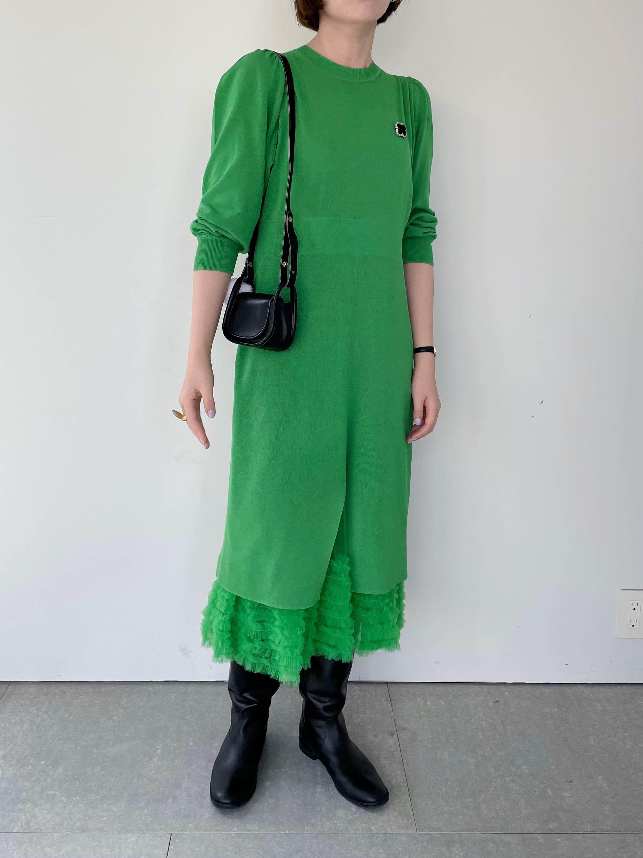 【MUVEIL】 フリルヘムニットワンピース ミュベール ドレス チュール フリル スリット ストレートワンピース ペチコート シルク コットン Green Laender MA234KA001 KOKO｜KOKO
