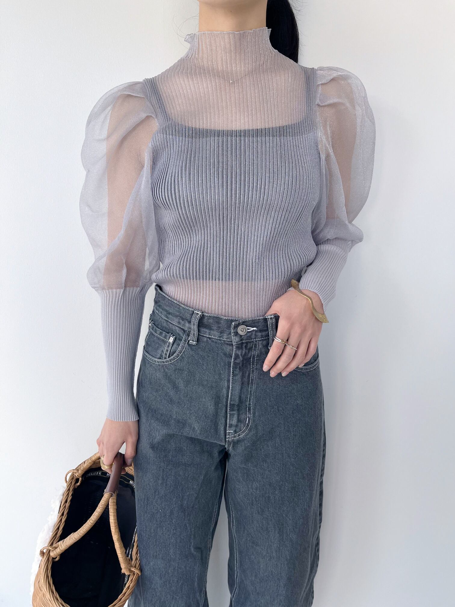 【MUVEIL】 パフスリーブプルオーバー ミュベール シアー ラメ ボリューム袖 Lilac Gray MA244KSW002 KOKO