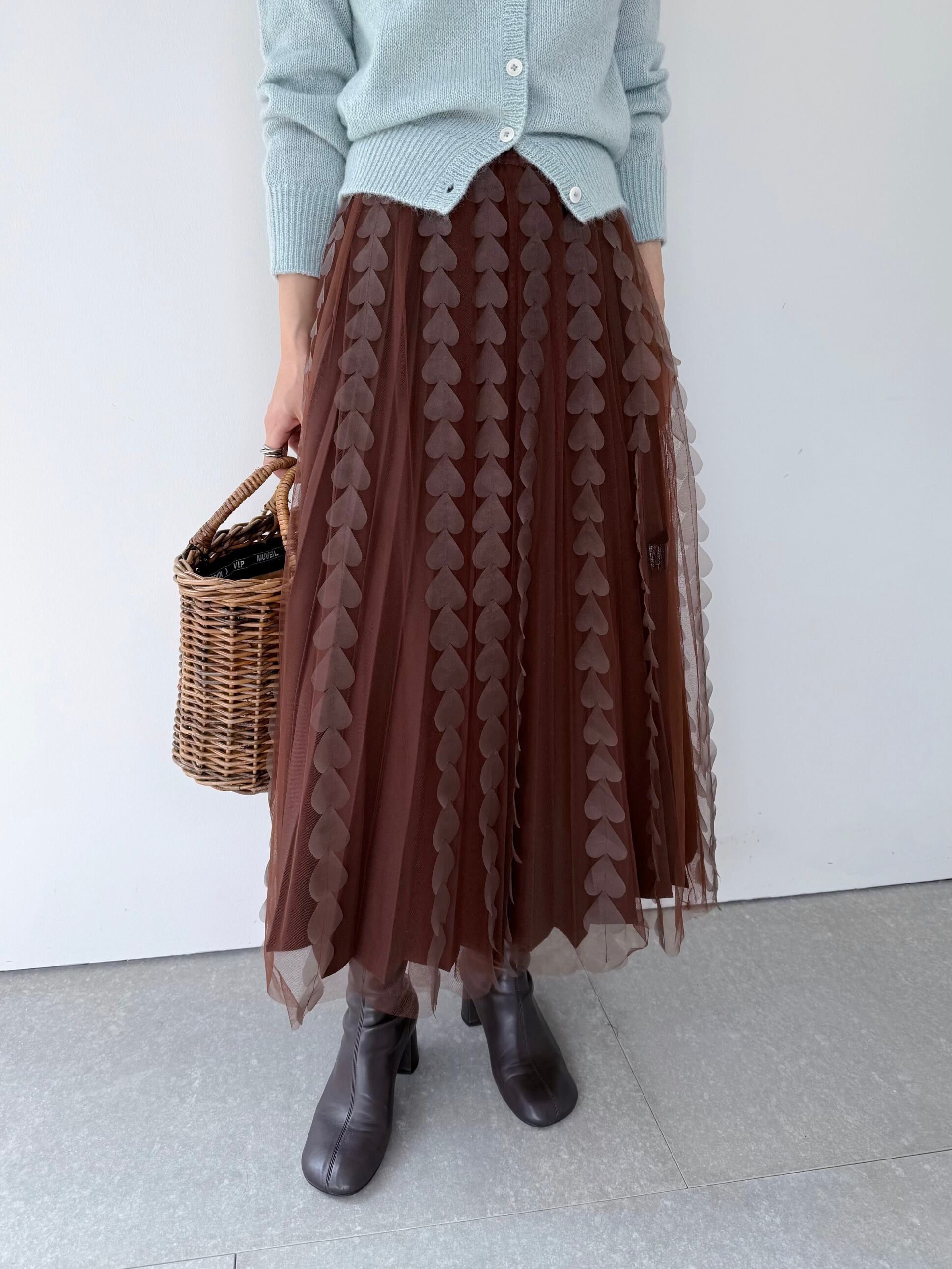 【MUVEIL】 ハートフリンジスカート ミュベール プリーツスカート チュールスカート ハート ランダムプリーツ Aライン White Brown MA253FS002 KOKO|KOKO