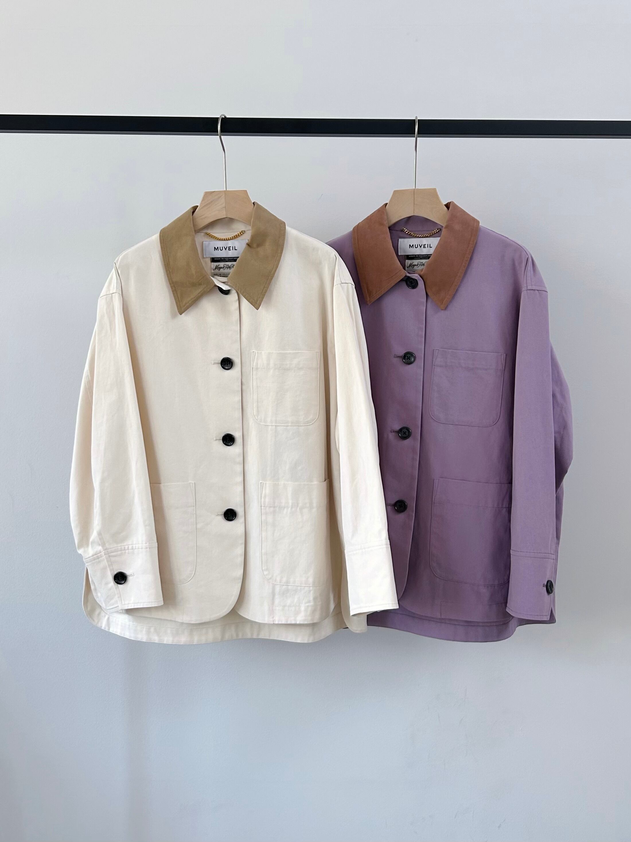 【MUVEIL】 ビーズフラワー刺繍ジャケット ミュベール プチポアン アウター ホースライディングジャケット コーデュロイ サイドスリット オーバーサイズ コットン 長袖 Ecru Lilac MA261FJK004 KOKO