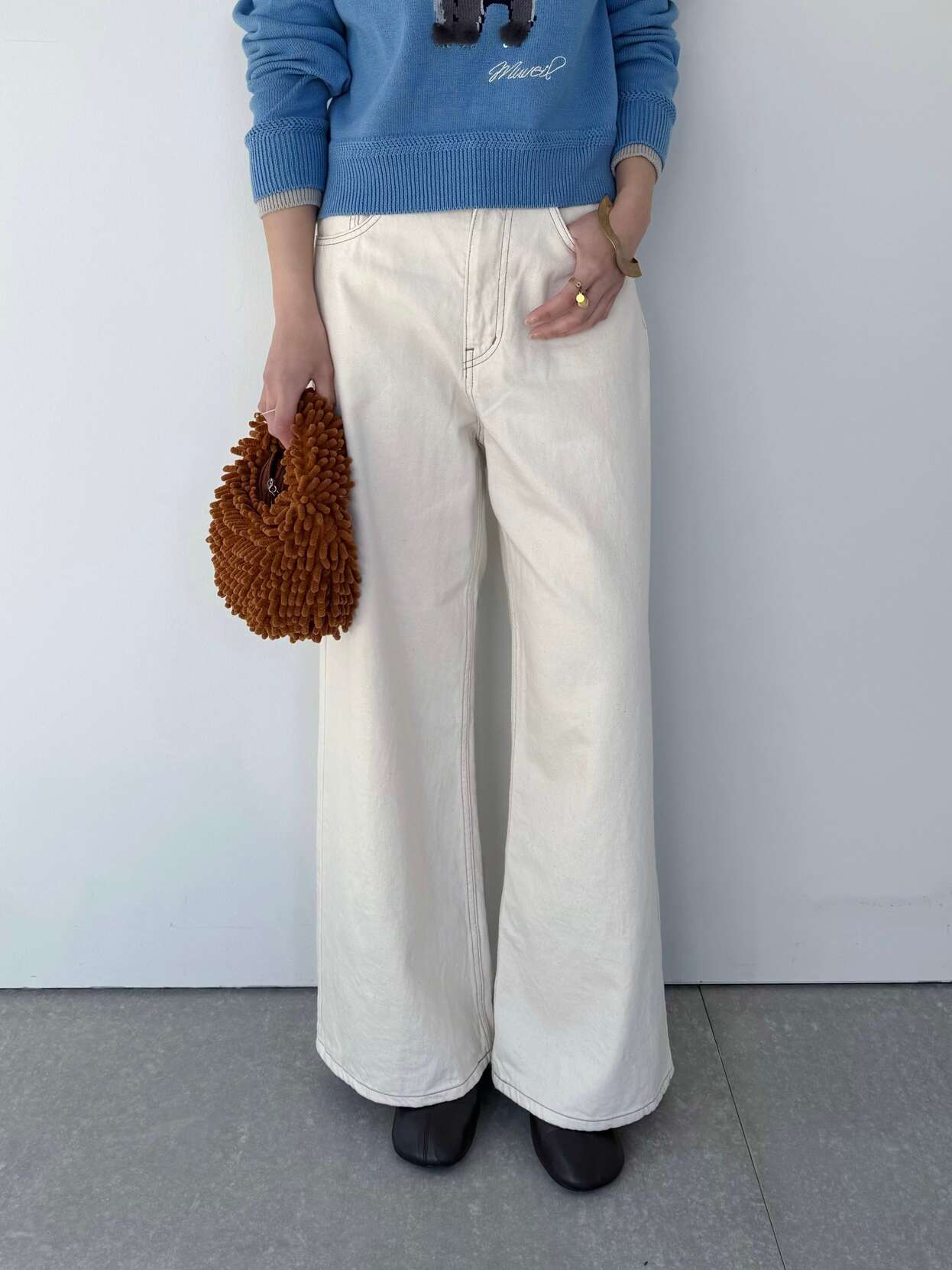 【MUVEIL】 リボンデニムパンツ ミュベール ワンウォッシュ 10オンスデニム ワイドレッグ ストレートパンツ ワイドパンツ コットン White Black MA254FP008 KOKO