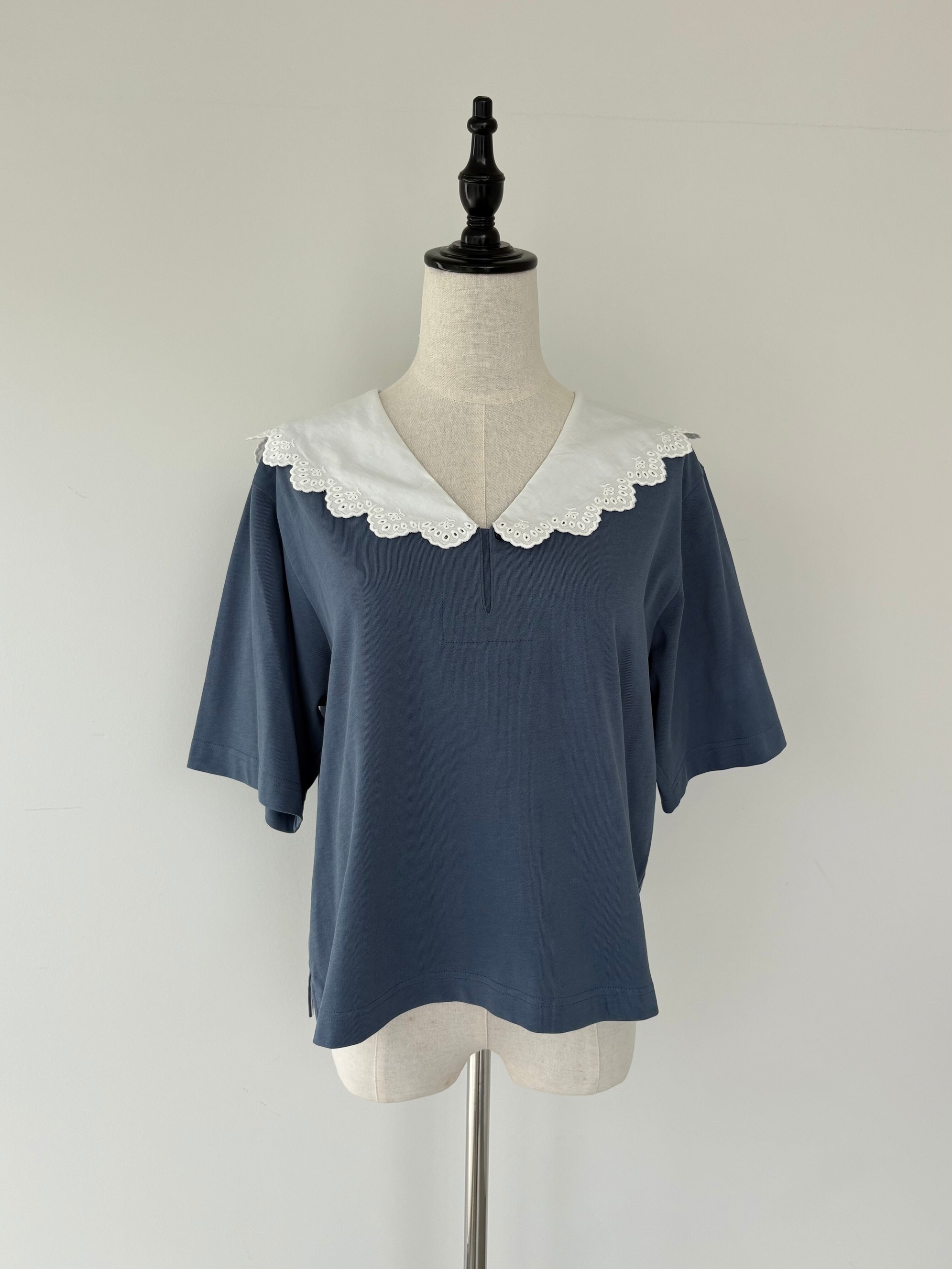 【MUVEIL】 レース衿Tシャツ ミュベール ボックスシルエット セーラーカラー Vネック コットン 半袖 Saxe MA262UTS002 KOKO|KOKO