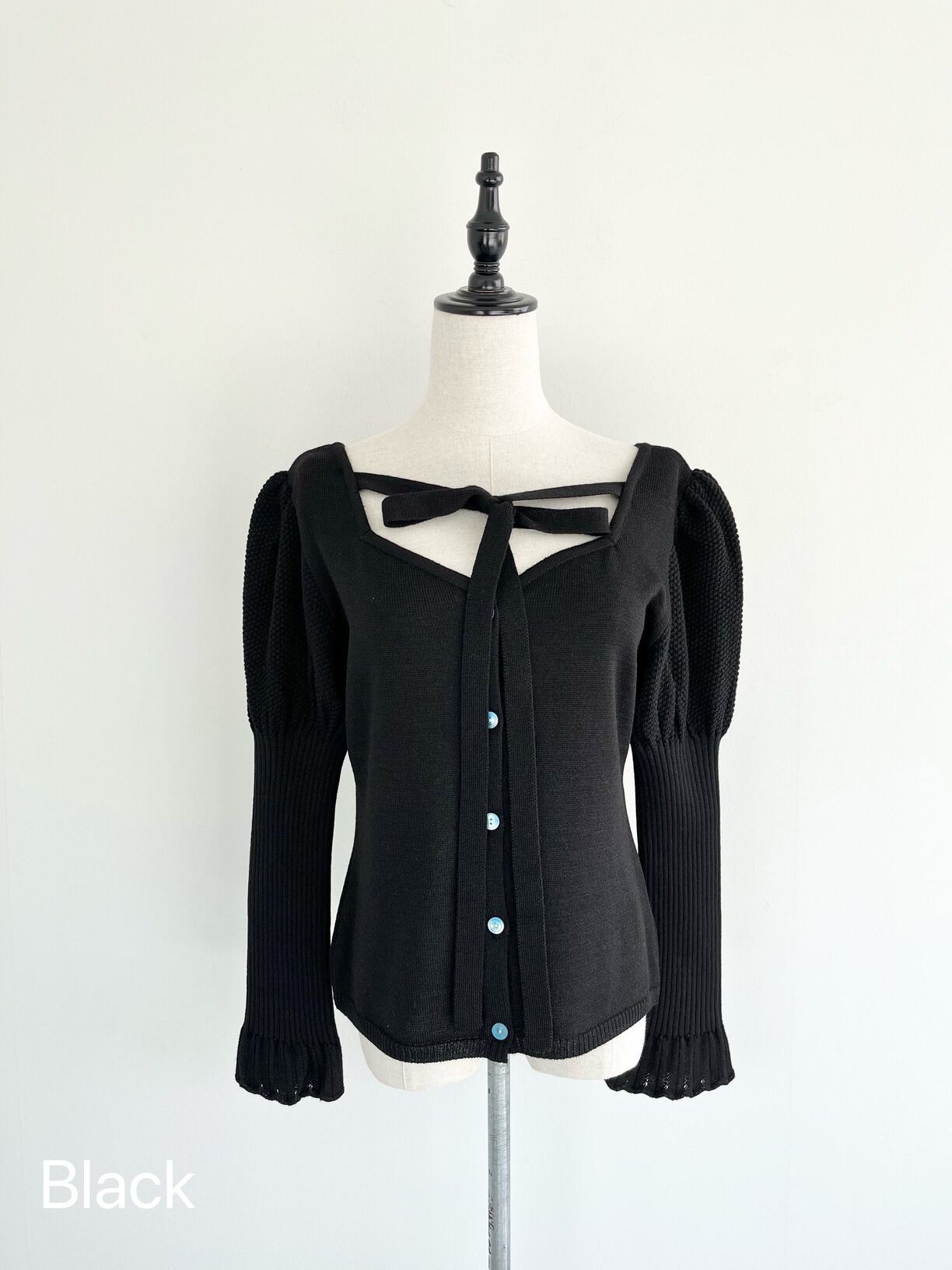 【EAUSEENON】 Knit ribbon cardigan オウシーナン ニット リボン カーディガン フリル フェミニン ウール Blue Black AW22EU03 KOKO
