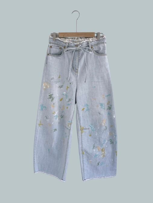 【CaRouseLamBRa】 Back Satin Pants （カーブワイドペイント）ケラウズランブラ デニムパンツ デザイン カーブパンツ 切りっぱなし ウエストゴム カジュアル ヴィンテージライク Breach 232-216SOPT KOKO