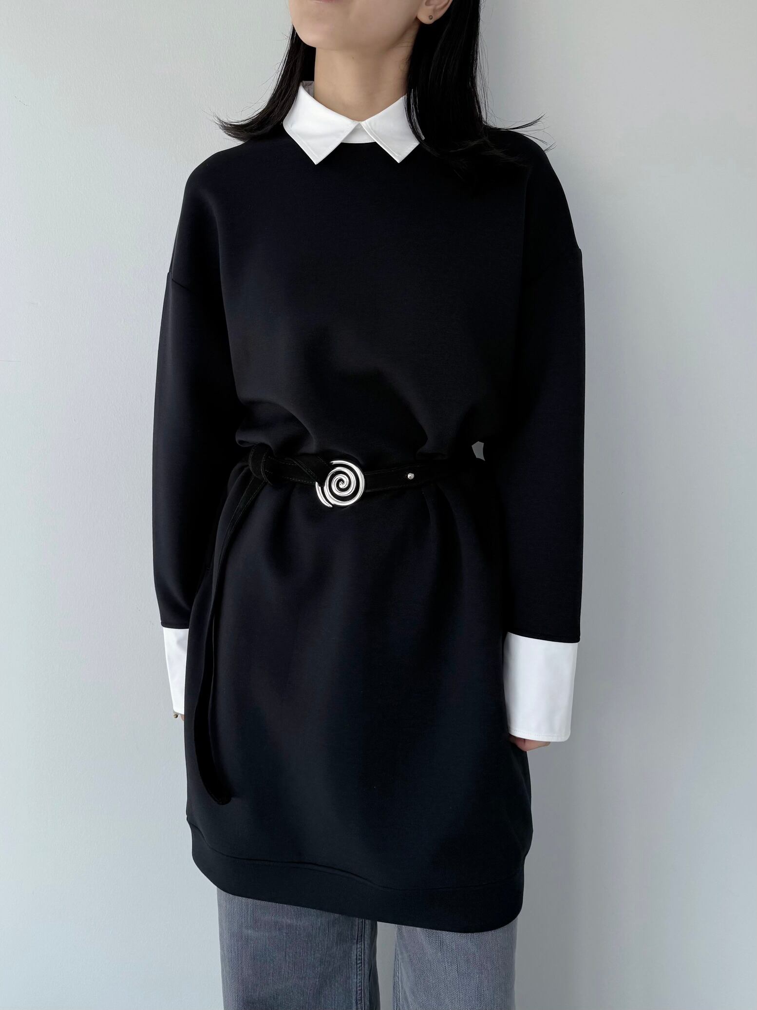 【RELEV&Eacute;】 Bicolor Line Dress ルルヴェ バイカラー ラインドレス シャツレイヤード ミディ丈 ミニワンピース スウェット カジュアル Black 25AW-RLV01-1 KOKO｜KOKO