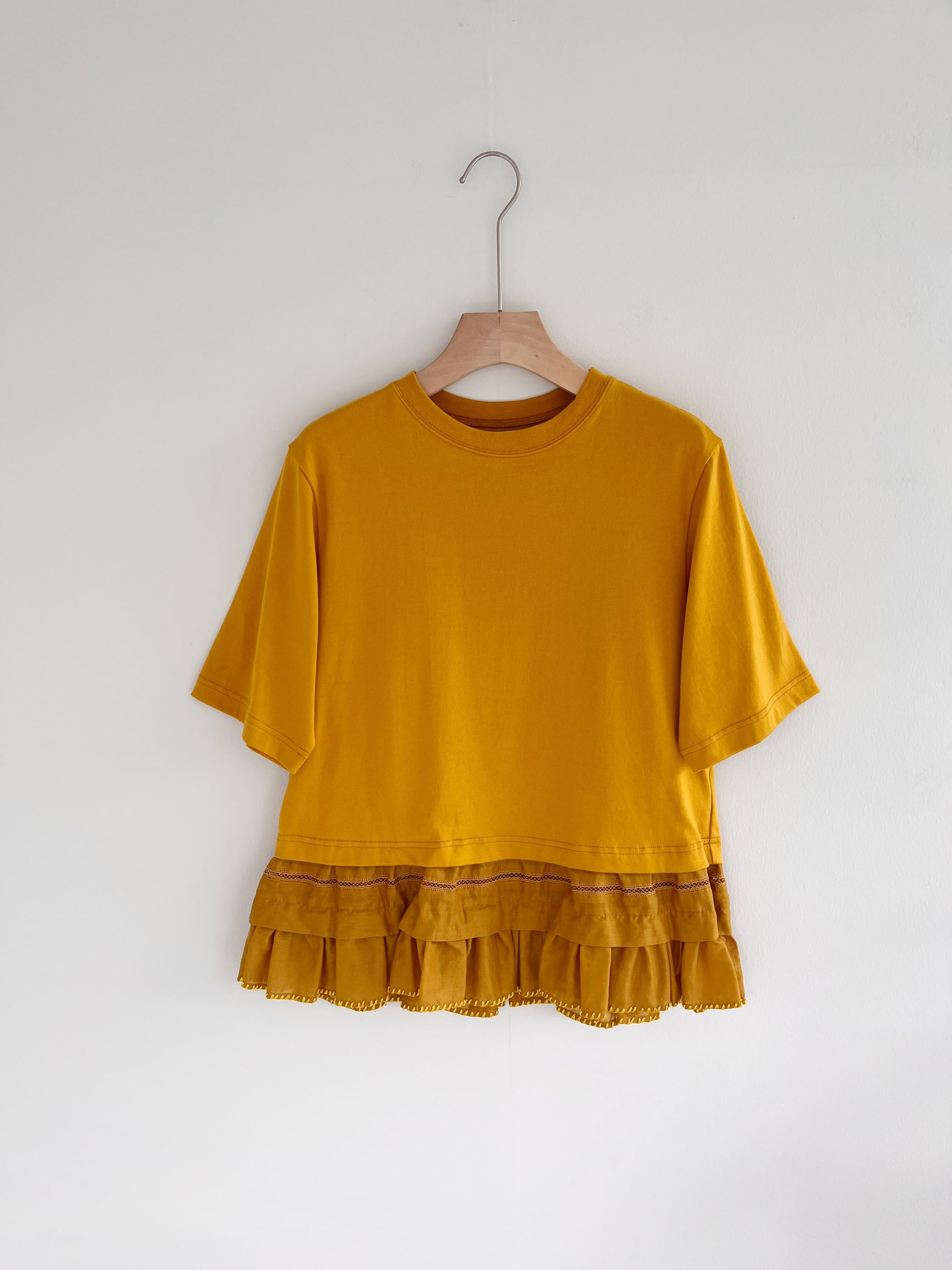 【MUVEIL】 シアーフリルTシャツ MA232UTS007 Mint Green Mustard ミュベール カットソー 半袖 レディース｜KOKO