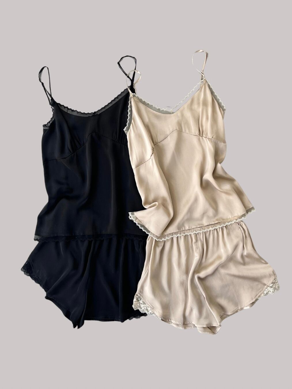 【twosome】 シルクキャミソール&ショートパンツ T2312-01008 トゥーサム ルームウェア インナーウェア Beige Black シルク100% セットアップ KOKO|KOKO