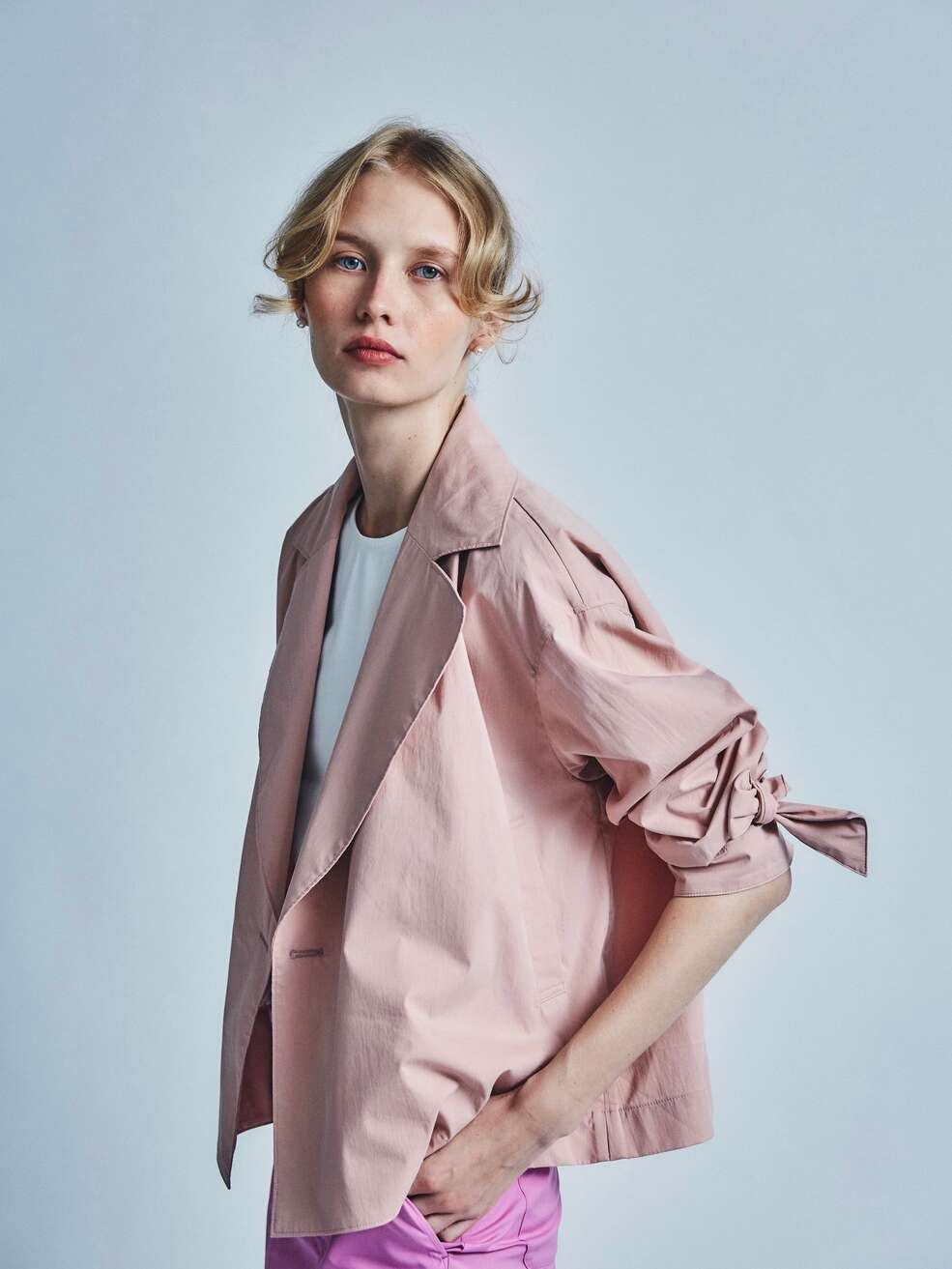 【sieste peau】 Short Trench Coat シエスタポー ショートトレンチコート アウター 春アウター スプリングコート ショート丈 トレンチコート ドロップショルダー White Pink SA-200102 KOKO