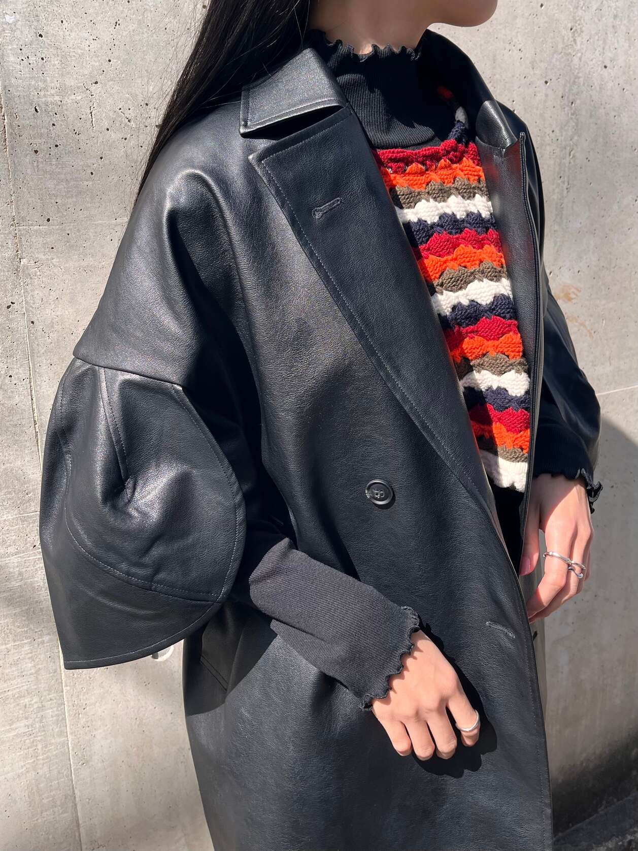 【Doux.】 レザージャケット ドゥ フェイクレザー ミドル丈 アウター Black D-2340000 KOKO