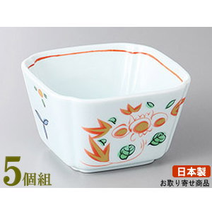 角小鉢 5個組 日本製 赤絵入角小鉢 5個 業務用 和食器 食器 陶器 強化磁器 割れにくい皿 丈夫 角型 角形 四角 高級感 小鉢 お皿 上品 電子レンジ可能 食器洗浄機可能 家庭用 普段使い おすすめ 煮物料理 おつまみ 割烹 居酒屋 飲食店 料理店 ホテル 旅館