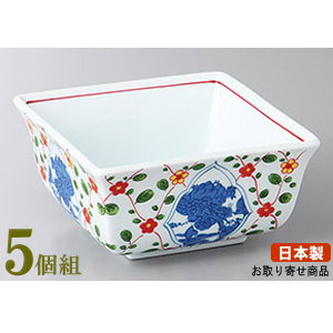 角小鉢 5個組 日本製 赤入山水四角中鉢 5個 業務用 和食器 食器 陶器 強化磁器 割れにくい皿 丈夫 角型 角形 四角 高級感 小鉢 お皿 上品 電子レンジ可能 食器洗浄機可能 家庭用 普段使い おすすめ 煮物料理 おつまみ 割烹 居酒屋 飲食店 料理店 ホテル 旅館