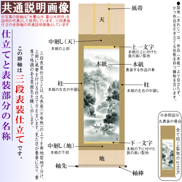 掛け軸 彩色山水 年中掛け 桐箱入 山水画 ギフト 薫風蒼水 誕生日