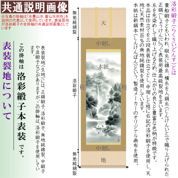 掛け軸 彩色山水 年中掛け 清水玄澄 薫風蒼水 洛彩緞子本表装 尺5 桐箱