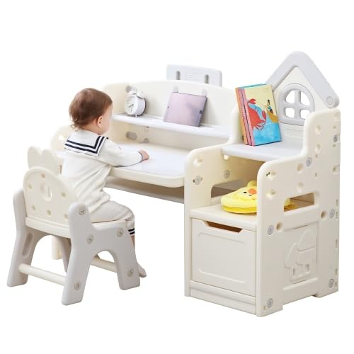 BTM 子供用テーブル チェアセット 多機能 4IN1キッズデスク キッズチェア ブロックテーブル 高さ調整 角度調整 収納付き1~10才 学習デスク 机 幼児机 学習机 プレゼント